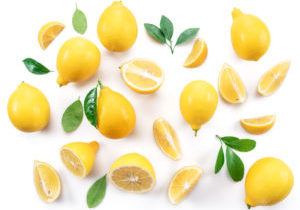 Ripe lemons and lemon leaves on white background. Top view.